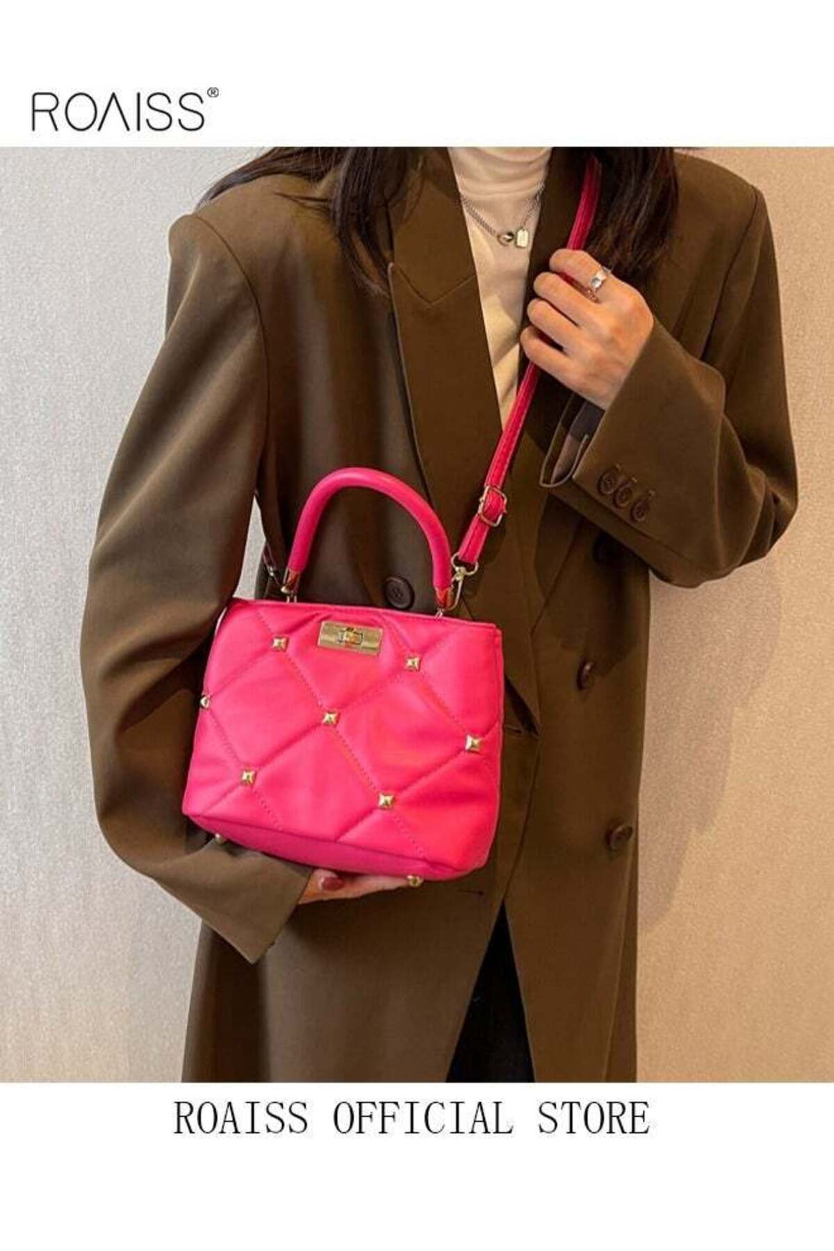 Fashionable Quilted Crossbody Bag Womens Metallic Studded Decor Handbag Twist Lock Satchel Bag