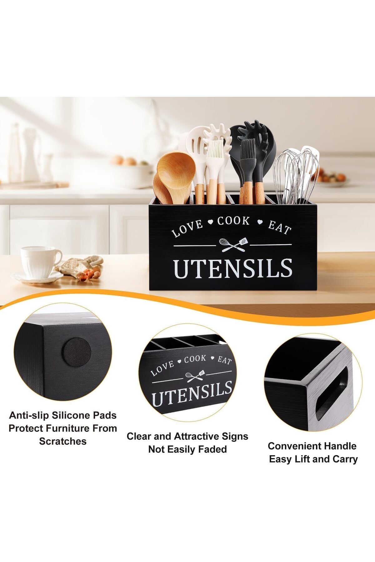 Wooden Kitchen Utensil Holder with 4 Compartments & Drainage, Farmhouse Cooking Utensils Caddy (Black)