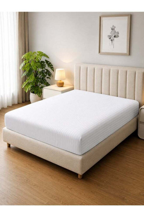 1-Piece Microfiber Fitted Sheet Striped,Color: White, Queen (150x 200 cm),Design Soft Fabric Deep Pocket Elastic Edge Bed Linen