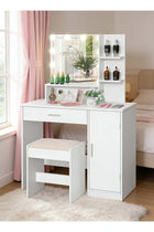Bedroom Makeup Dressing Table with 1 Drawer, 1 Cabinet and 2 Separate Storage Shelves, 3 Lighting Modes and Adjustable Brightness, 90*40*137CM (Does Not Include Dressing Stool)
