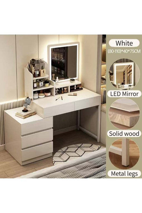 Vanity Desk, Makeup Dressing Table Vanity Bench with LED Mirror, Multifunctional Dresser Makeup Storage Cabinet with Drawers for Women and Girls 110*40*137cm, White