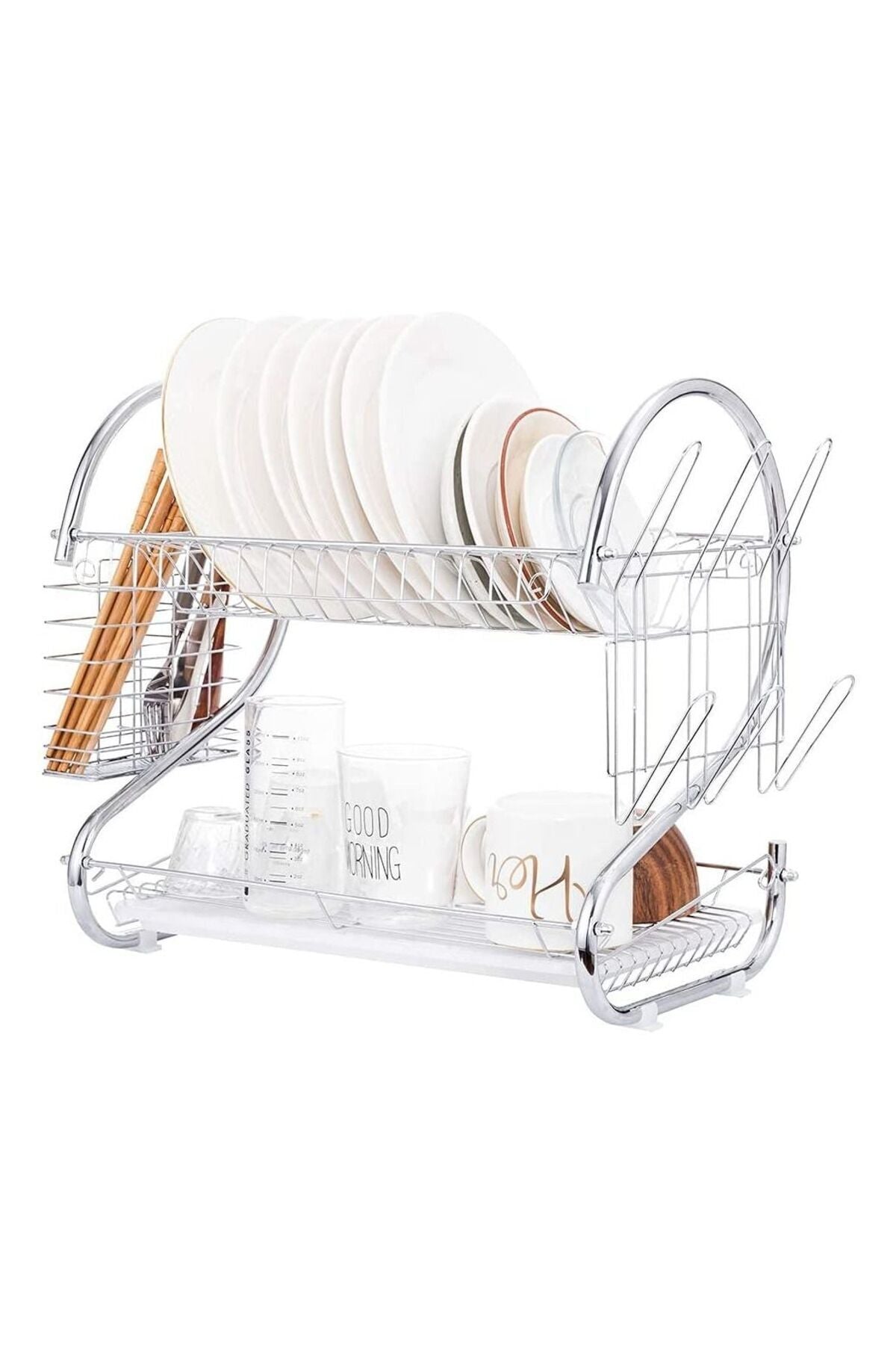 Dish Drainer Rack, 2 Tier Stainless Steel Dish Rack with Cutting Board, Cutlery, Utensil Holder, Dish Dryer for Kitchen Counter Top Storage, Plated Chrome Dish Drainboard Silver