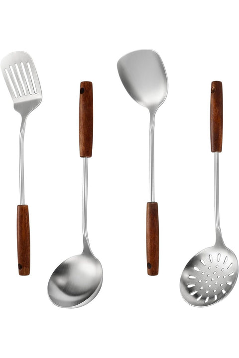 304 Stainless Steel Kitchen Utensils Set, 4 Piece Long Cooking Tools with Wooden Handles, Heat Resistant Cooking Set, Dishwasher Safe
