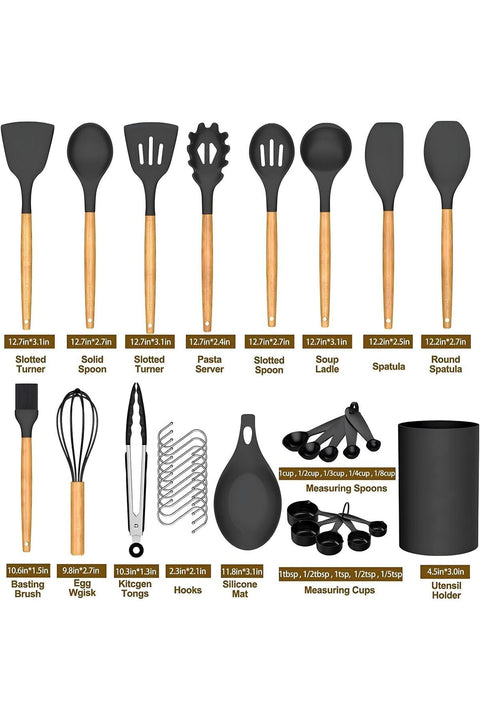 Silicone Kitchen Utensils Set, Professional Cooking Tools with Natural Wood Handles and Holder, Heat Resistant Nonstick Food Grade Spatula Turner Tongs for Daily Use