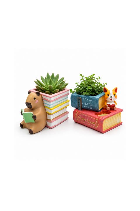Marketplace Beram Cute Cartoon Succulent Flower Pot Corgi Dog With Books Polyresin Decorative Planter For Succulents Indoor Outdoor Home Office Desk Décor Pen Pencil Holder Propagator Kit