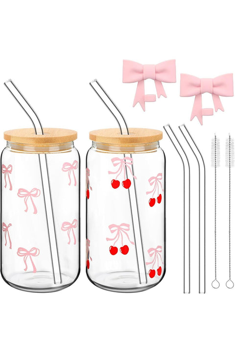 Set of 2 Coquette Bow Glass Cup, 16oz Drinking Glass Cup with Lids and Straws (Pink)