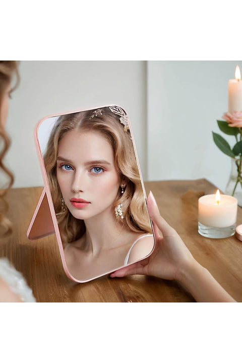 8-Inch Desktop Makeup Mirror - Portable Dual-Purpose Square Mirror in Pink for Table, Desk, and Wall Hanging