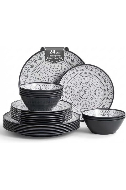 Joviton HOME 24PCS Bohemia Gray Melamine Plastic Dinnerware Sets for 8,Outdoor Plates and Bowls Sets for 8 (Gray)