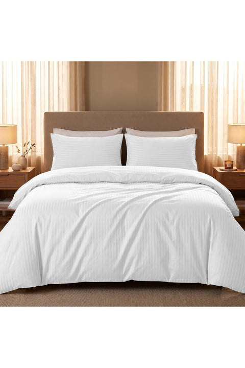 Double Duvet Cover 3pc, 100% Cotton 280tc Sateen 1cm Stripe, Luxurious Quality with Easy Button Closure, Size: 220 x 240cm, Color: White