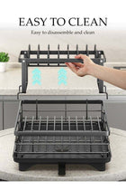 Dish Drying Rack with Drainer, 2 Tier Stainless Steel Kitchen Organizers, Double Layer Adjustable Set Kitchen Counter, Glass Holder (Black)