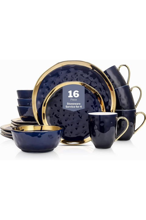 Stone Lain Porcelain 16 Piece Dinnerware Set, Service for 4, Blue and Golden Rim, Dark Blue