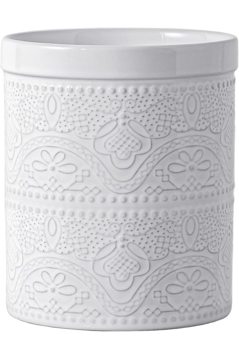 Kitchen Utensil Holder, 7.2" Super Large Utensil Crock Heavy and Stable Lace Emboss Ceramic Utensil Holder for Kitchen Counter (Bright White)