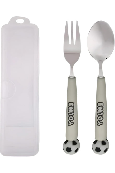Ball Design Kids Cutlery Set with Case - 2-Piece Stainless Steel BPA Free Cutlery Set Includes Spoon, Fork and Case for Lunch Box, Picnic and Travel (White)