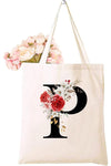 Pokébear Canvas Tote Bag with Floral Design Printed with Initial Letters, Bridesmaids Bags for Women, Reusable Eco-Friendly Shopping Bag, Party Gift Idea, Easy to carry Ladies casual hand bag