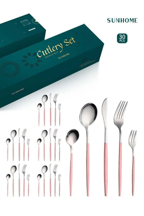 30-Piece Stainless Steel Cutlery Set Kitchen Utensil Western Tableware Pink/Silver