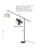 Creative Simple Atmosphere Standing Floor Lamp Cantilever Vertical Adjustable Balance Arm Natural Linen Drum Lampshade Matte Black Metal Pole Foot Switch