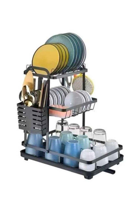 Dish Drainer Rack, 3 Tier Drain Board Rack with Drip Tray, Detachable Stainless Steel Dish Drying Rack for Kitchen Countertop or Sink, Black