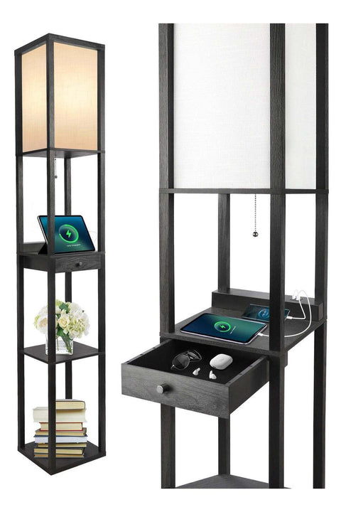 Shelf Floor Lamp with Drawer, USB & Type C Port, LED Column, 3 Color Temp, Wood Standing Lamp (Black)
