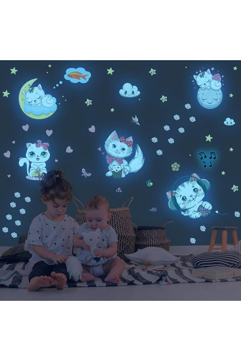 Glow in The Dark Stars for Girl's Room, Glowing Cats Cartoon Wall/Ceiling Decals, Kitten Butterflies Stickers for Kids Bedroom, Luminous Wall Decor for Nursery (Blue)