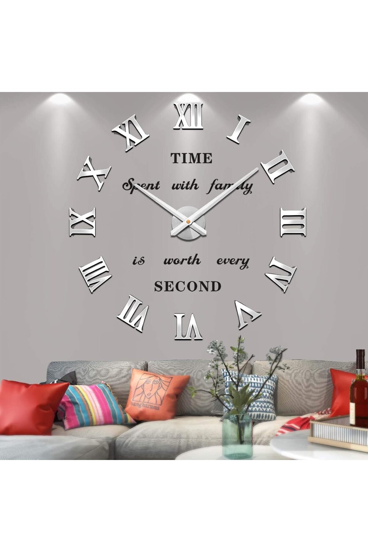 Vangold Large 3D DIY Wall Clock Roman Numerals Clock Frameless Mirror Surface Wall Sticker Home Decor for Living Room Bedroom (Silver)