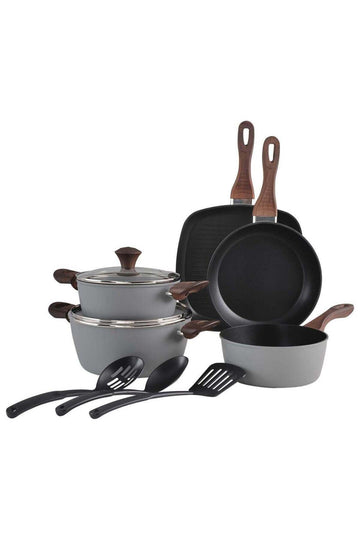 10 Piece Cookware Set Aluminum Pots And Pans, Non-Stick Surface with Wood Finish Handles - Dark Grey