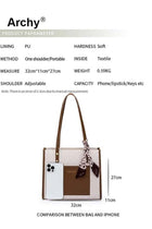Women's Leather Two-Tone Tote Bag Ladies Geometric & Letter Embossed Twilly Scarf Decor