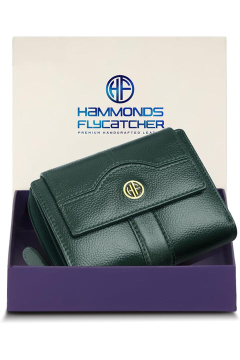 Leather Ladies Wallet for Woman with 14 Card Slots - Clutch Purse, Green, Modern
