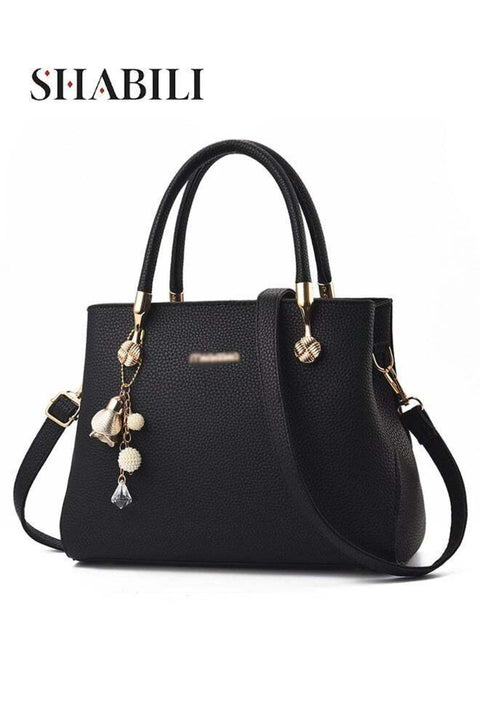 Women PU Shoulder Crossbody Satchel Tote Handbag with Multi-Pocket Texture & Floral Charm (Black)