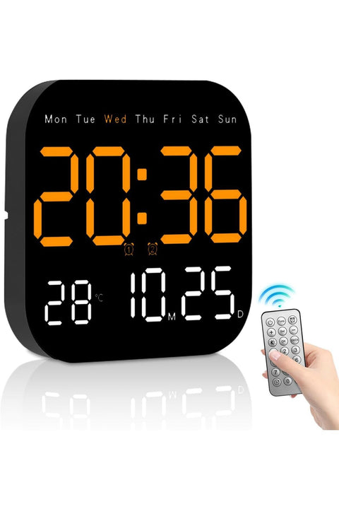 Digital Wall Clock, 9 Inch LED Digital Clock with Remote Control for Living Room Decoration, Week/Date/Temperature, Auto Brightness,Standing & Hanging,Powered by Cable (Orange)