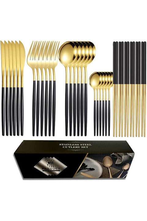 GZLQHD Dining Dinnerware Tableware Kitchen Set, 30-piece Cutlery Set for 6 people (Black gold)