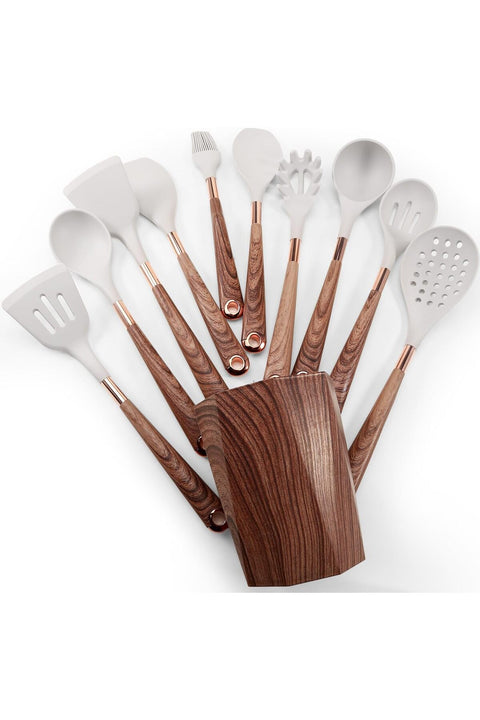 Silicone Cooking Utensils Set, 11 Pcs Kitchen Utensils Set Gadgets, Tools Set For Nonstick Cookware with Wood Handles, Food-Grade Silicone Heads Cooking Utensils Set