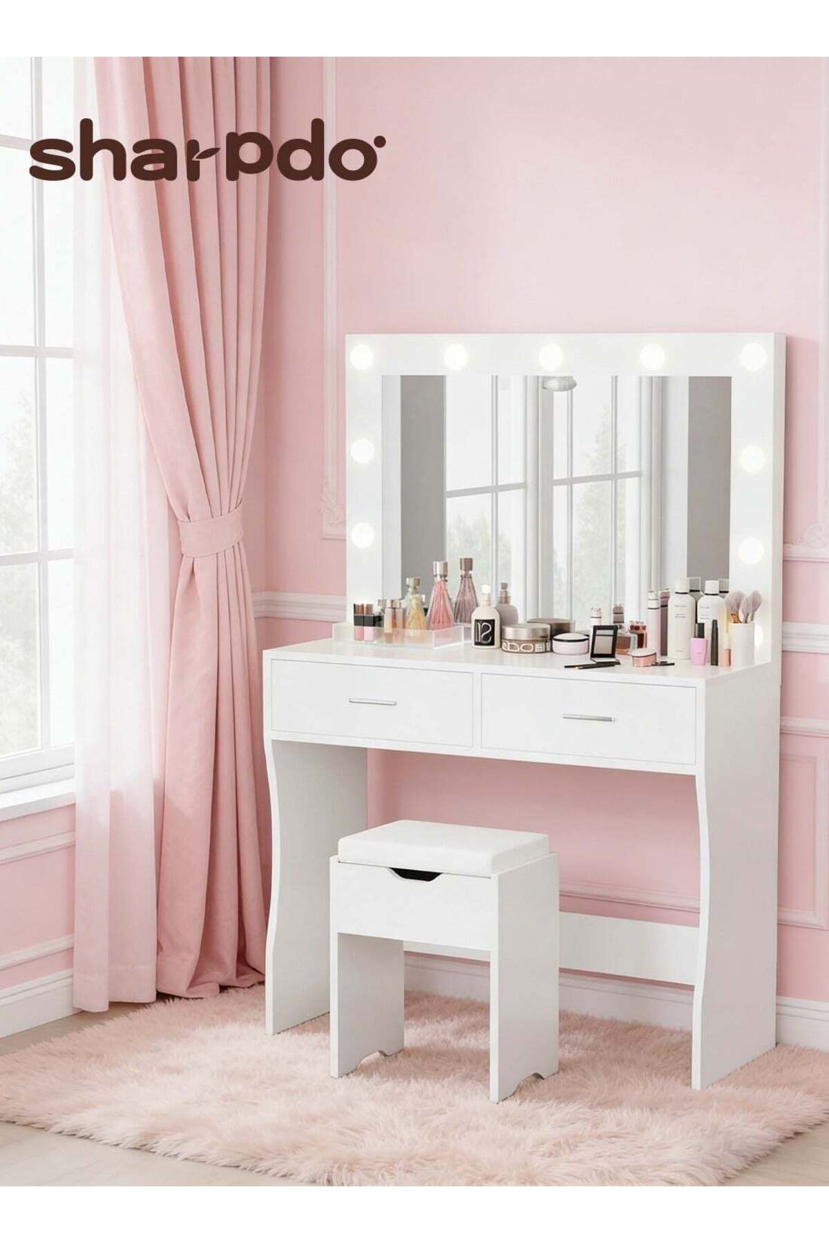 Bedroom Makeup Dressing Table with 3 Color Lighting Modes LED Mirror, Modern Vanity Desk with 2 Spacious Drawers, 90x40x134cm Desktop Vanity Table for Bedroom Skincare and Makeup, AE29 White (