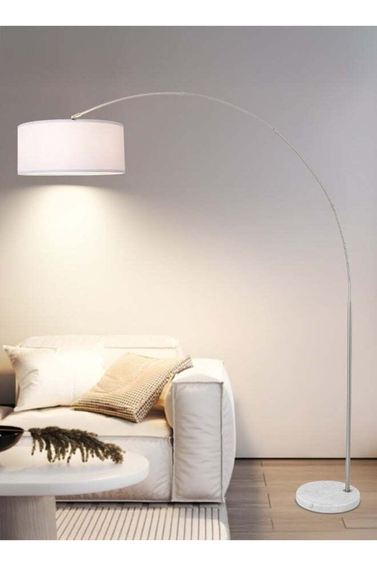 Modern Arc Floor Lamp 208cm Tall with Adjustable Lamp Head, Fabric Shade, Marble Base, E27 Socket