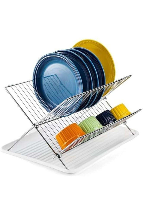 2 Tier Foldable Dish Drying Rack with Drip Tray, Stainless Steel Dish Drainer Rack, Collapsible Dish Drainer, Folding Dish Rack for Kitchen Sink, Countertop, Cutlery, Plates, Dishes