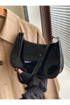 Solid Black Minimalist Crescent Shoulder Bag for Women – Stylish Faux Leather Purse with Zipper Closure for College & Daily Outings