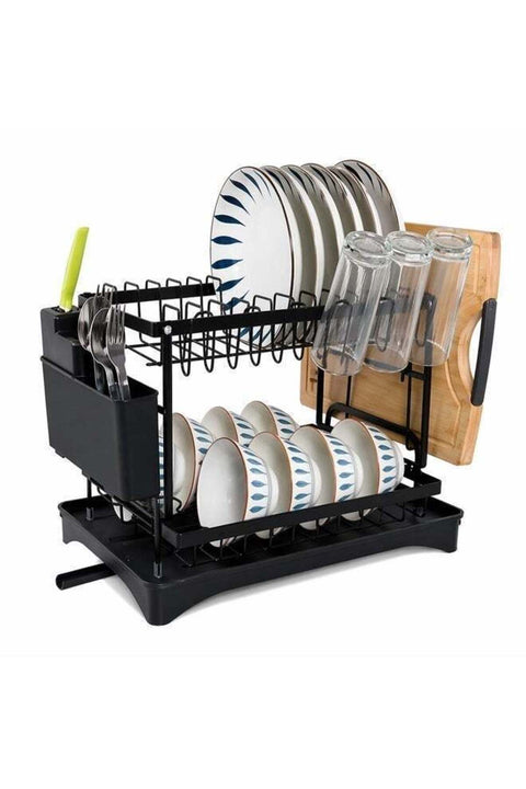 2 Tier Dish Drying Rack for Countertop, Large Capacity Kitchen Rack with Drainboard, Utensil Holder & Cup Holder, Space Saving Dish Drainer Organizer for Plates, Bowls & Cups, Black