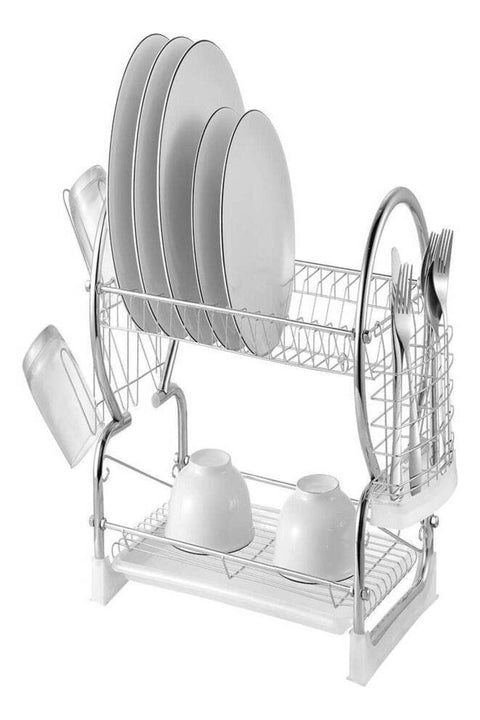 2-Tier Stainless Steel Dish Rack with Utensil Holder and Draining Tray
