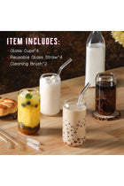 Drinking Glasses with Glass Straw 4pcs Set - 16oz Can Shaped Glass Cups, Beer Glasses, Iced Coffee Glasses, Cute Tumbler Cup, Ideal for Whiskey, Soda, Tea, Water, Gift - 2 Cleaning Brushes