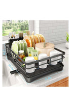 Dish Drying Rack, Extendable Dish Rack for Kitchen Counter, Stainless Steel Dish Strainer with Utensil Holder, Black