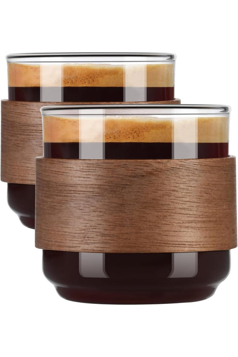 Espresso Cup Set, Set Of 2 With Wooden Ring, Borosilicate Shot Glass, Transparent Small Cup, Accessories (150 Ml)