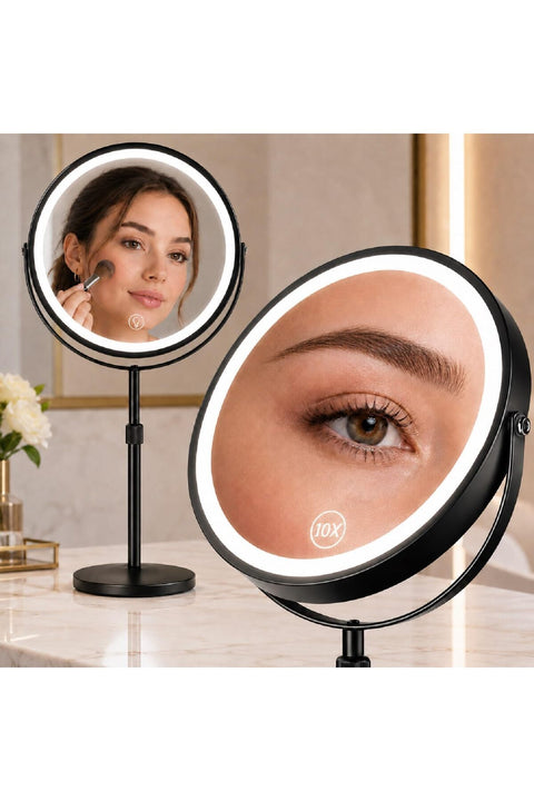 Lighted Makeup Mirror, 8" Vanity Mirror with 3 Colors Lights, Lighted Magnifying Mirror 1x/10x 360° Rotation Touch Screen Travel Make Up Mirror with Lighting