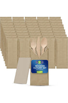 Disposable Bamboo Fork, Spoon and Knife with Napkin Cutlery Set 100-Pieces, Wooden