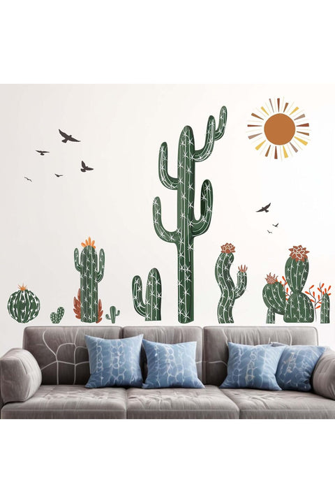 Boho Cactus Wall Stickers - Green Plants Tropical Desert Cacti Wall Decals - Bedroom Living Room Sofa TV Background Home Wall Decor