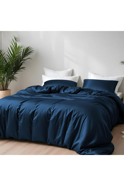100% Organic Bamboo Duvet Cover with Pillowcase, 300 Thread Count, Navy Blue, Single