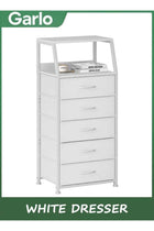 White Dresser with 5 Drawers, Vertical Storage Tower Fabric Dresser for Bedroom, Hallway, Entryway, Nursery, Closet Organizer, Nightstand Bedside Table Furniture, Sturdy Steel Frame, Wood Top