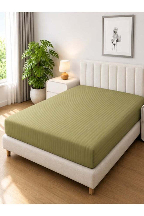 1-Piece Microfiber Fitted Sheet Striped,Color: Olive, Queen (150x 200 cm),Design Soft Fabric Deep Pocket Elastic Edge Bed Linen