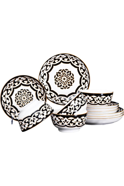 12-Piece Black and White Pattern Ceramic Dinnerware Set - 4x 10.2/8-Inch Plates, 4x 6-Inch Bowls | Microwave & Dishwasher Safe