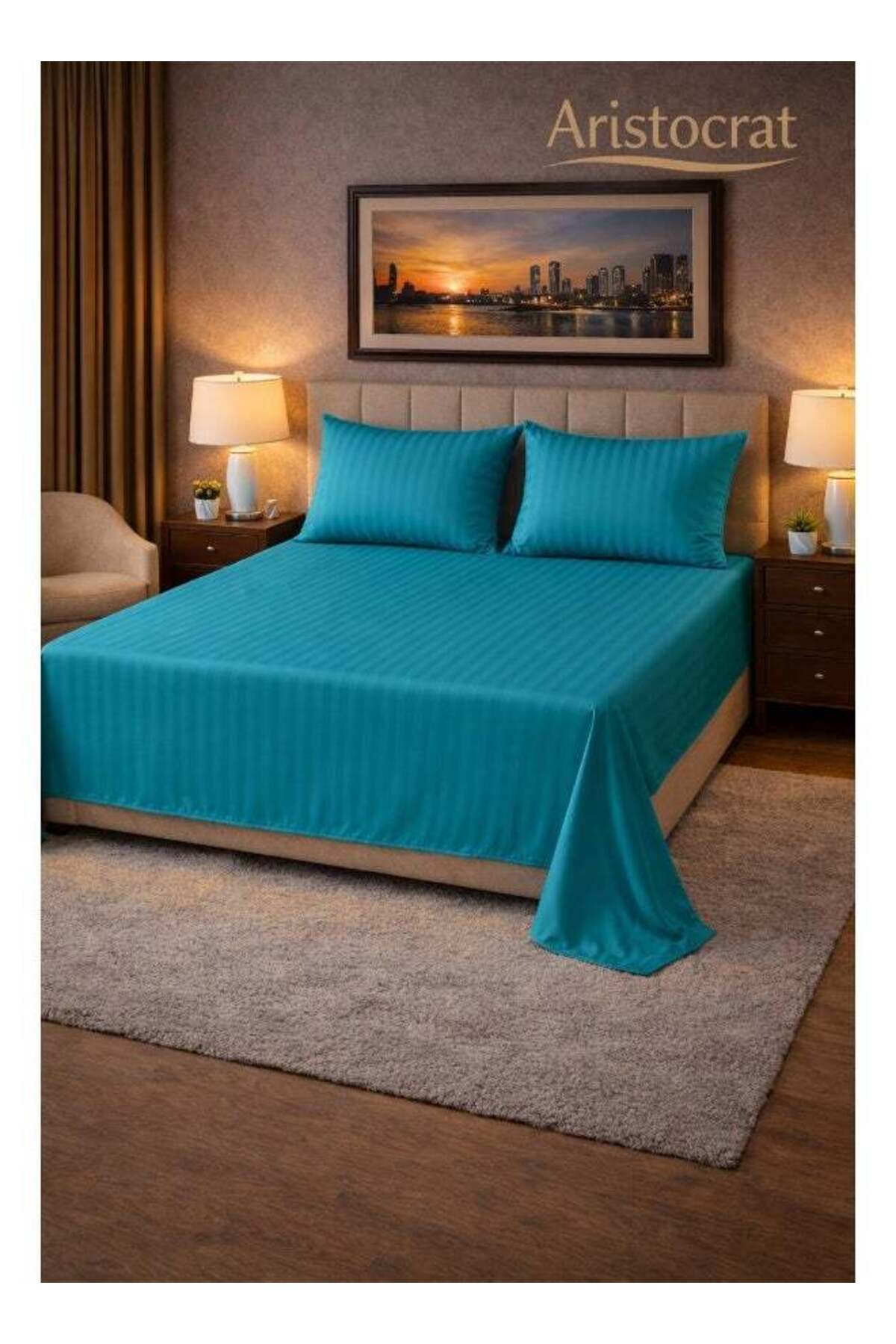 3‑Piece Striped Microfiber Flat Bed Sheet Set Super King 240x260cm – Soft Breathable Flat Sheet with 2 Pillowcases 50x70cm, Teal Microfiber Teal