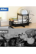 Dish Drying Rack, Multifunctional Dish Rack, Rustproof Kitchen Dish Drying Rack with Drainboard, Space-Saving 2-Tier Dish Drying Rack with a Large Capacity for Kitchen Counter Black