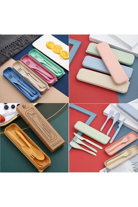 Wheat Straw Cutlery, Reusable Portable Travel Utensil Set with Case, Spoon Knife Fork Tableware set, for Kids Adult Travel Picnic Camping or Daily Use (8 Colors)